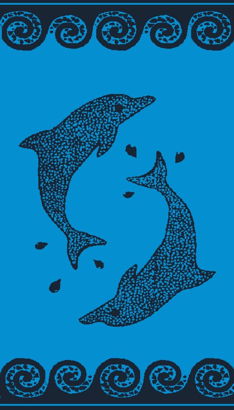 Serviette de plage bleue avec deux dauphins dansants en cercle, bordure bleu foncé.