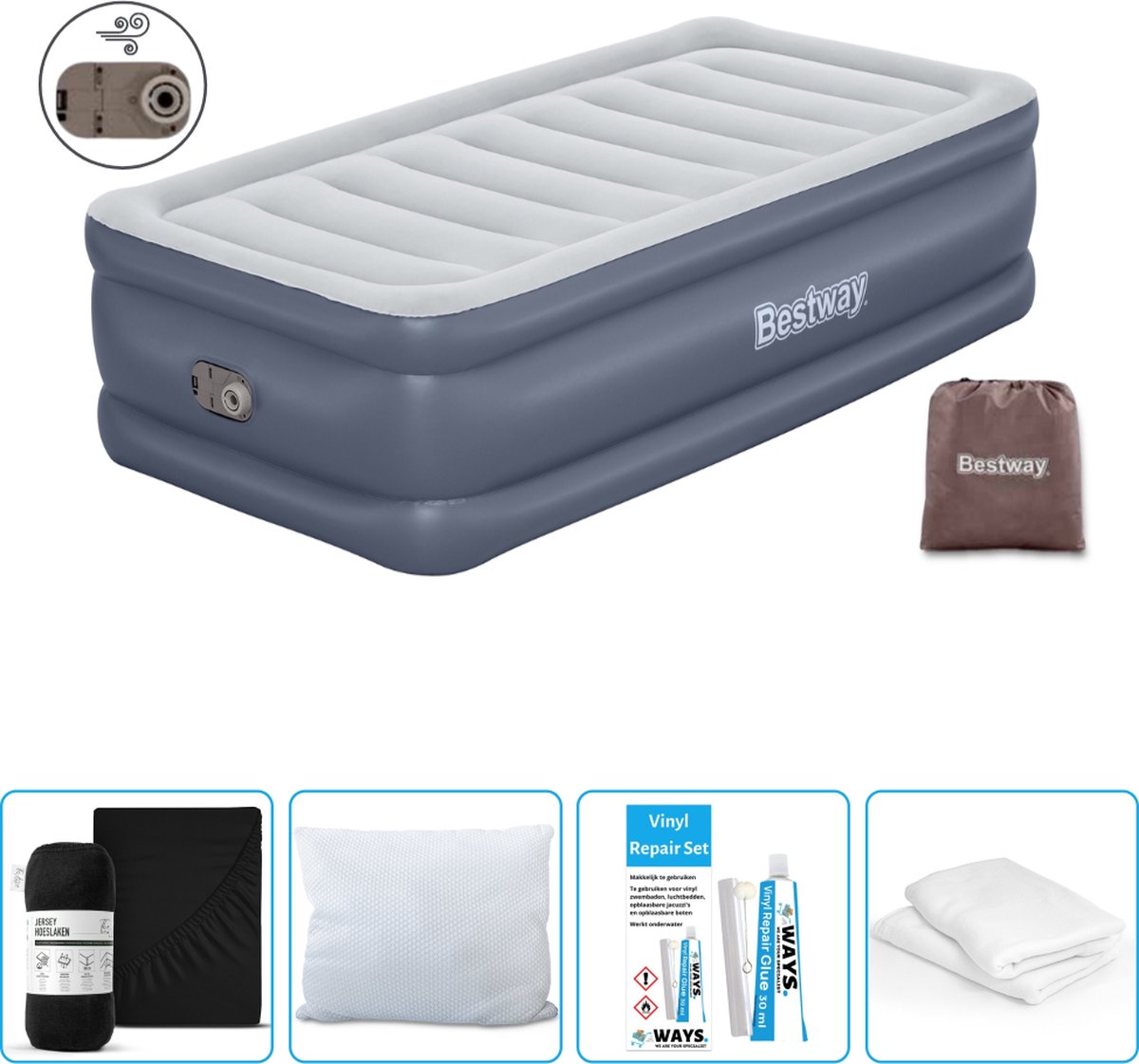 Bestway luchtbed - 1-Persoons - 97 x 191 x 51 cm - Grijs - Inclusief pomp - Hoeslaken - Kussen - Kussenbeschermer en Reparatieset