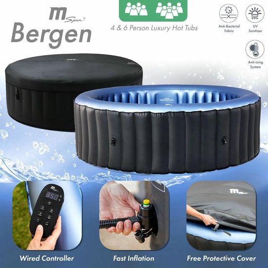 Mspa Actie pakket!! Mspa opblaasbaar Bubbelbad Bergen 4 pers. Incl. Isolatie kussen t.w.v. €57,95 + wateronderhoud pakket voor 14 weken t.w.v. €59,95