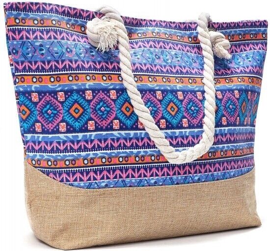 Strandtas shopper vakantie tas handtas aztec print kleur blauw