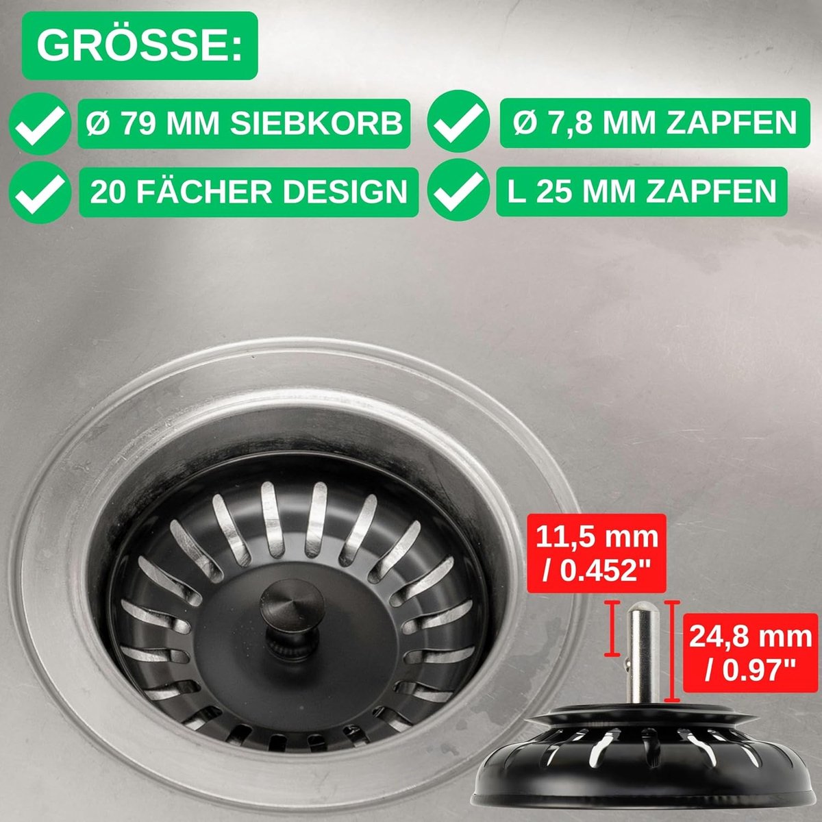 Vervangende spigot voor zeefkorf, 1 stuk, 30 mm lange spigot met kogel