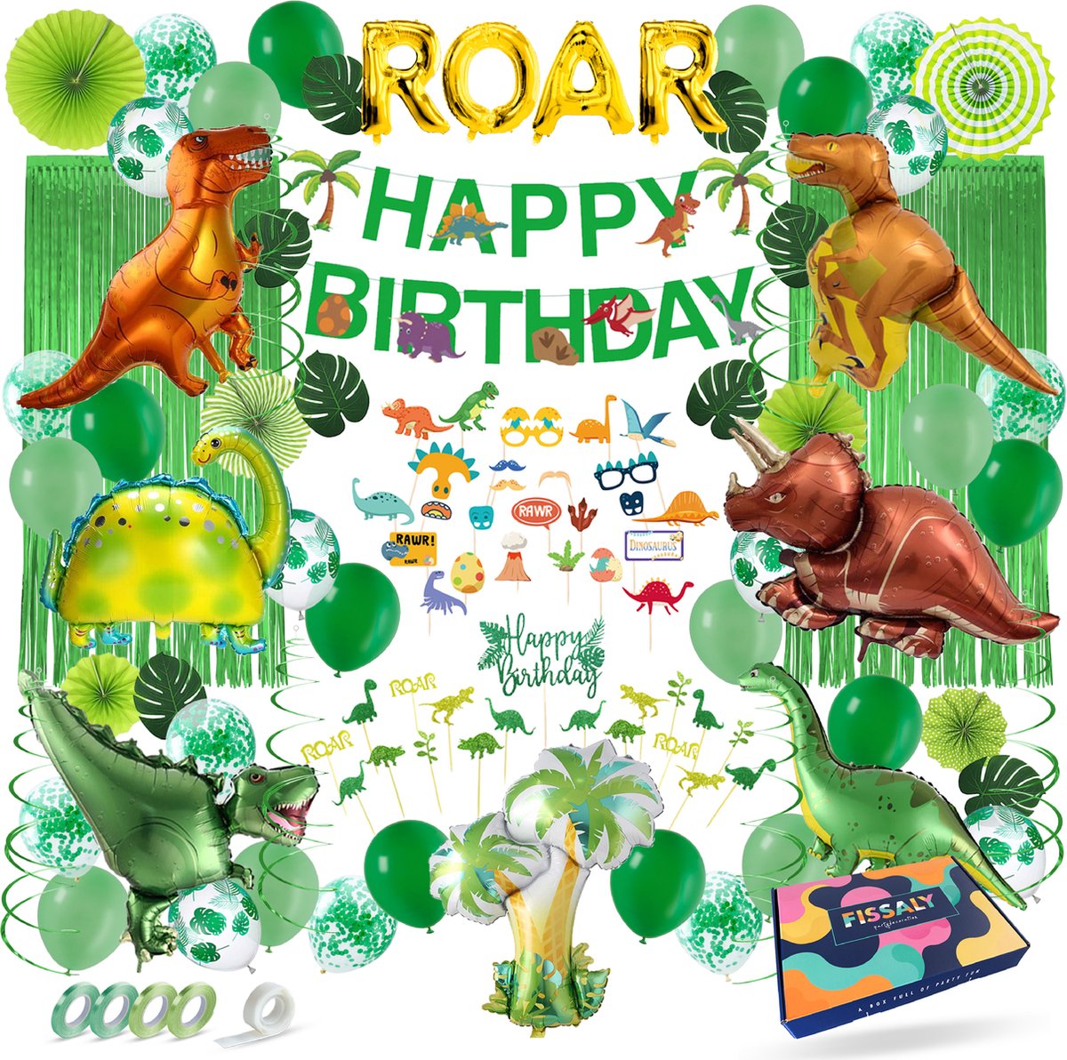 Fissaly 116 Stuks Dinosaurus Jungle set Versiering – Dino – Safari Thema Feest Decoratie - Slingers, Ballonnen & Accessoires