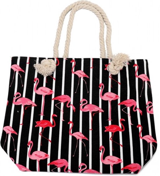 Strandtas shopper vakantie tas handtas zwart gestreept met flamingo print