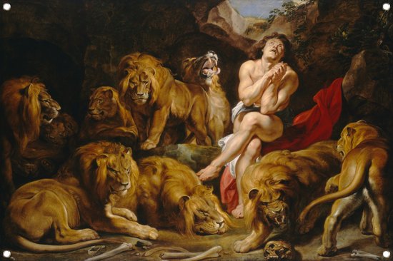 Daniël in de leeuwenkuil - Peter Paul Rubens tuinposter - Leeuwen poster - Tuinposter Dieren - Buiten decoratie - Tuin schilderij - Tuindecoratie tuinposter 90x60 cm