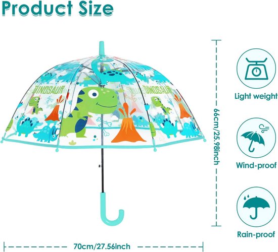 Parapluie pour enfants, résistant au vent, robuste, transparent, pour enfants, transparent, pour garçons et filles, parapluie gonflable à dôme, diamètre = 70 cm