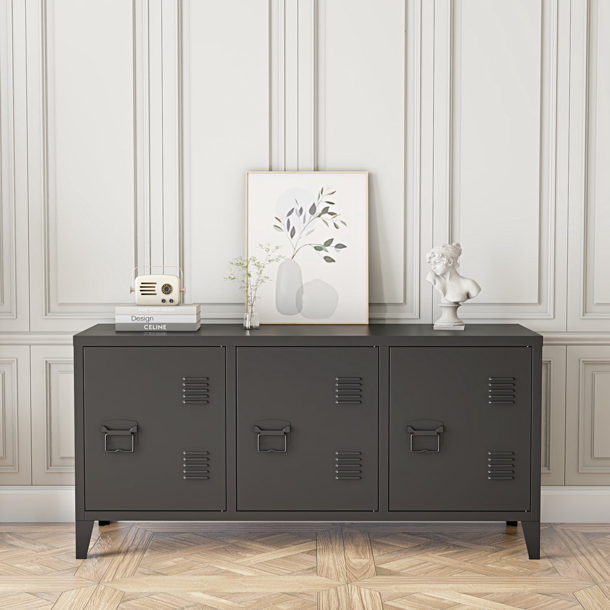 en.casa TV meubel Kotka 113x40x58 cm staal met 3 deuren zwart [en.casa]