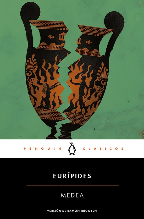 Boekomslag van Medea door Eurípides, met een gebroken antieke vaas in zwart en oranje op een groene achtergrond.
