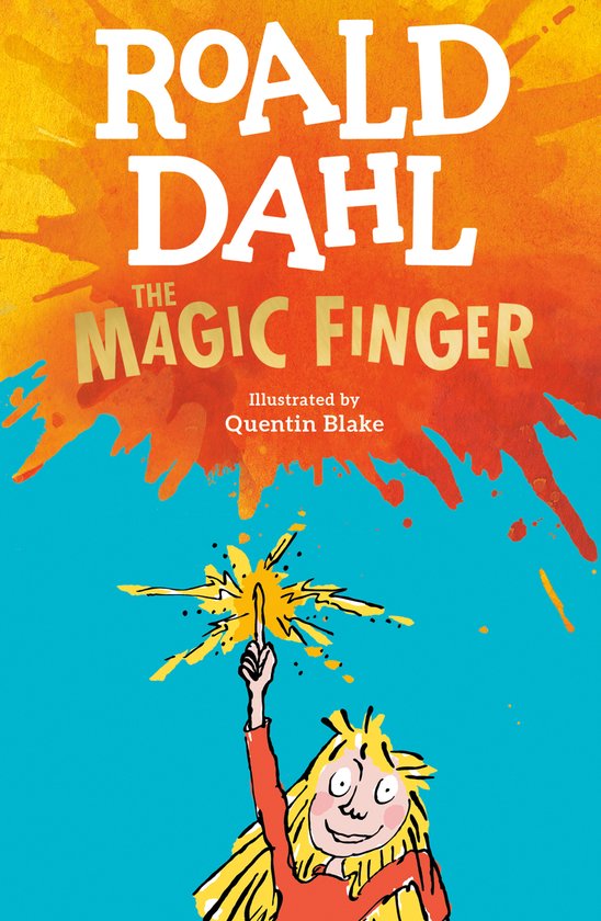 Boek 'The Magic Finger' van Roald Dahl. Een meisje in rood wijst met haar vinger omhoog naar een gouden vonk.
