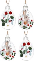Paasei Hangertjes met Aardbei design van Glas - set van 4 paashangertjes met aardbeienplantjes, lieveheersbeestjes en paashaasjes van Gisela Graham - paasdecoratie - paastakken versiering