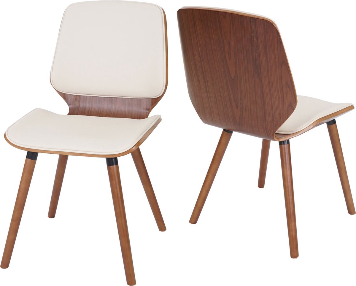 Cosmo Casa Set van 2 eetkamerstoelen - Gebogen hout - Retro ontwerp - Walnoot look - Kunstleer - Crème