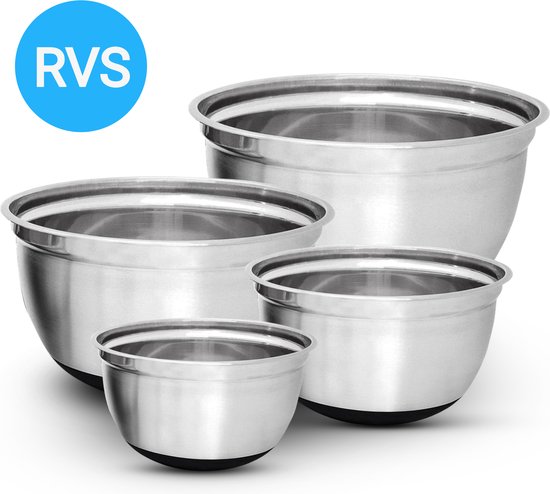 Relaxdays Beslagkommen Set - Antislip - Mixkommen - Zonder deksels - Mengkommen - Rvs - 4-Delige Set - Saladekommen