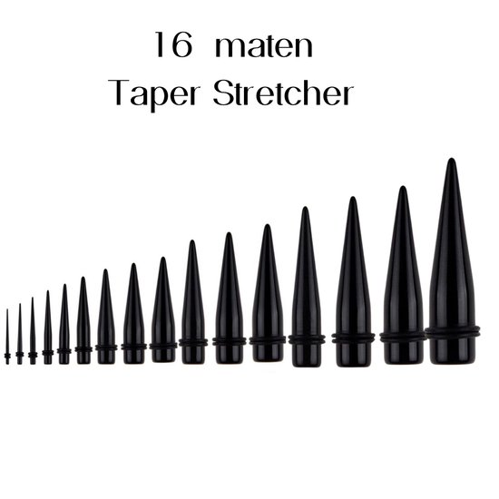 16 maten -Taper -stretcher -1.6 mm- 24 mm- Zwart- Acryl- Charme Bijoux