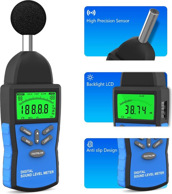 Decibelmeter - Digitale geluidsmeter - Nauwkeurig - Bereik tussen 30db en 130db - Geluidsmeter - LCD Display - Professionele geluidsmeting - Merkloos
