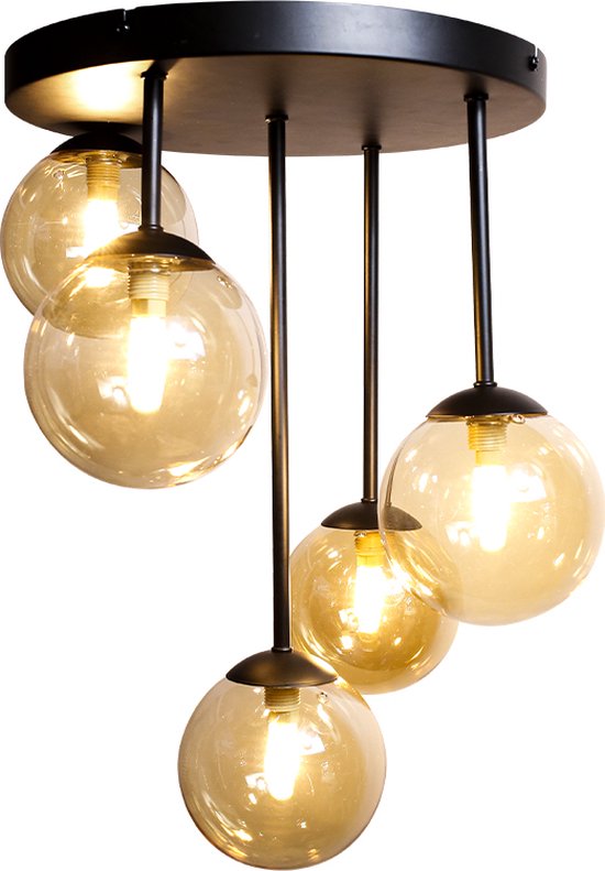 Olucia Stacy - Design Plafondlamp - 5L - Aluminium/Glas - Amber;Zwart - Rond - 30 cm
