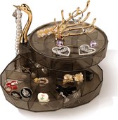 Sieradendoosje met 4 niveaus, multifunctionele draaibare sieradenstandaard, sieradenhouder, haken in zwanenvorm voor ringen, oorbellen, halsketting (transparant zwart)