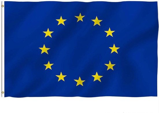 Blauwe Europese vlag met 12 gele sterren in een cirkel, met aan de linkerzijde een zoom met oogjes.