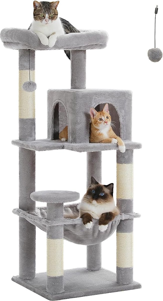 Kattentoren - Krabpaal - voor volwassen katten - met 2-deurs condo-huis - 6-traps kattenrekken - met krabpalen en grote bovenste zitstang - grijs - 116 cm