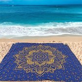 2 persoons strandlaken - blauw/goud - Mandala - Ibiza strandkleed - Groot stranddoek