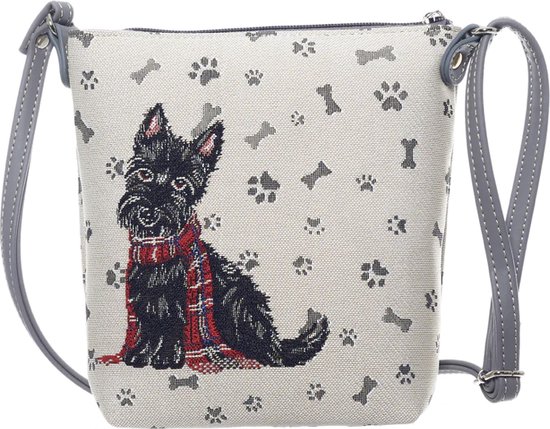 Elegant smal tasje - Schoudertas - Scottie hond - Schotse Terrier - Zwart hondje - Rode Tartan Sjaal