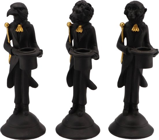 Kaarsenhouders 24 cm - Set van 3 - Dieren kaarsenhouders - Aap - Leeuw - Arend - Polyresin kaarsenhouders - Zwart - Decoratieve kandelaren