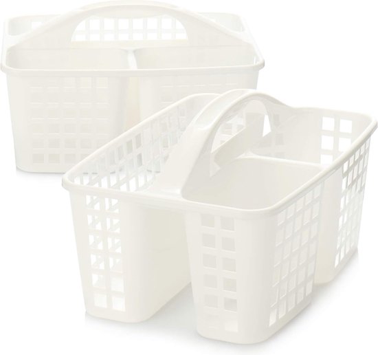 2 x opbergmand, douchemand met handvat, draagbare plastic organizer met elk 3 vakken voor hygiëneartikelen, schoonmaak- en schoonmaakproducten (02 stuks - 31 x 23 cm, wit)