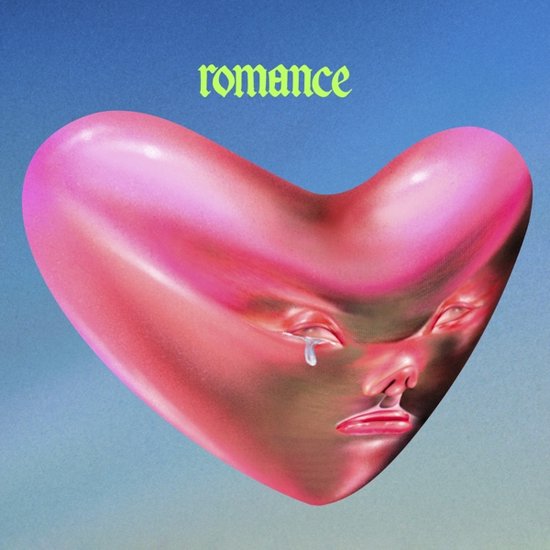 Roze hart met een gezicht, tranen en de tekst 'romance'.