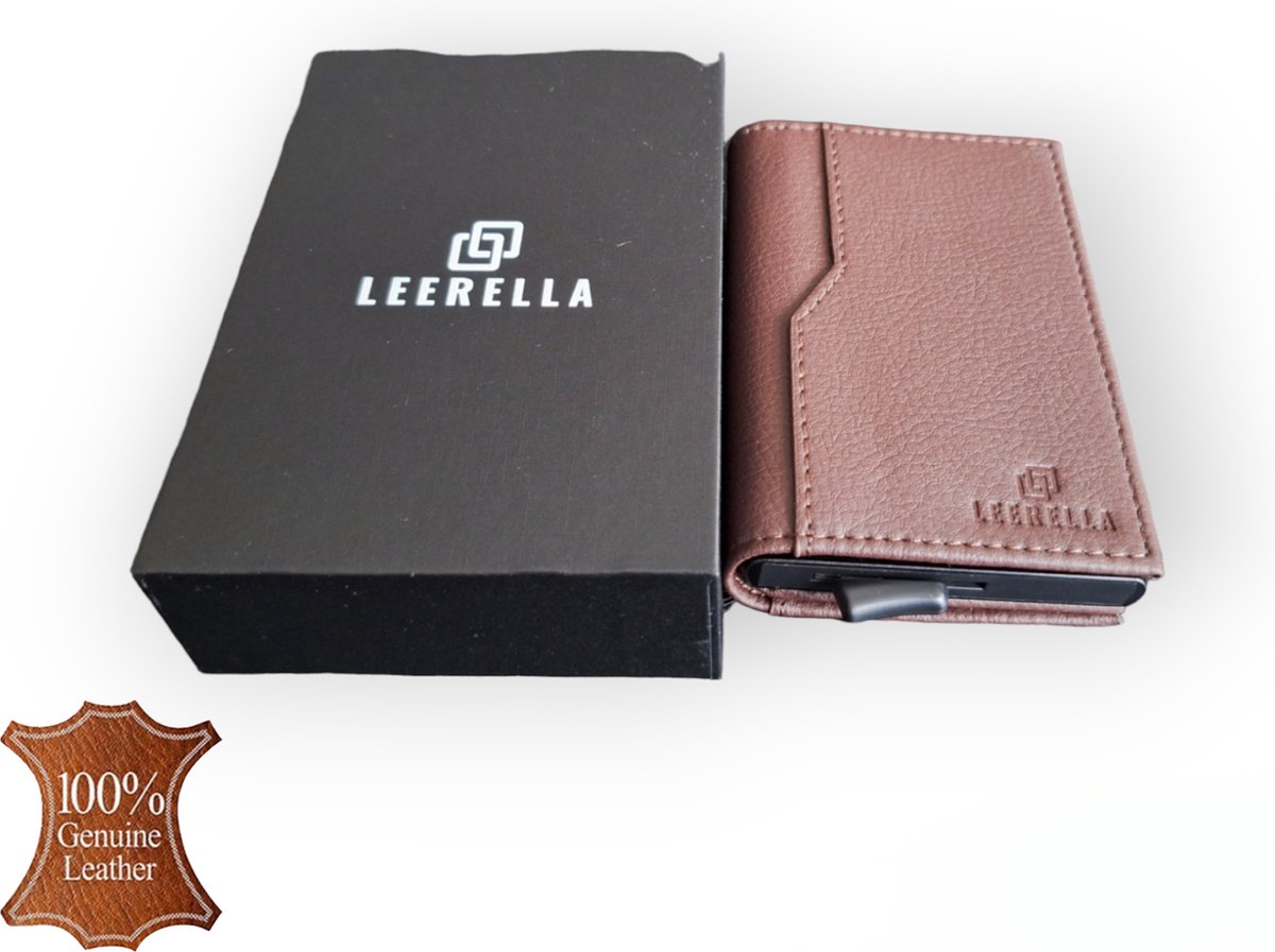 Leerella Pasjeshouder Uitschuifbaar Bruin- Kaarthouder - Creditcardhouder - Echt Leer – 10 tot 11 Pasjes - RFID Creditcardhouder - Inclusief met luxe Cadeaubox - Valentijnsdag - Verjaardag - Cadeautjes