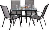 tuinmeubelset- glazen tafel - 4 stoelen- grijs- stoelen opstapel baar- complete tuin set