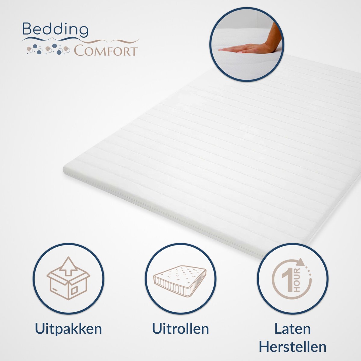 Beddingcomfort 160x200cm - 9cm dikte - Bamboe tijk - HR50 - Afritsbaar en wasbaar - Hotel kwaliteit wit
