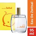 Flesje Eau de Zwitsal en gele verpakking met kindersymbool. "95 ml" aan de zijkant.