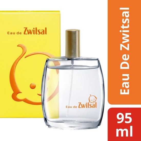 Flesje Eau de Zwitsal en gele verpakking met kindersymbool. "95 ml" aan de zijkant.