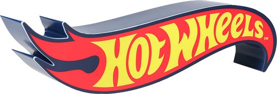 Hot Wheels vlammenlogo in blauw, rood en geel met een gele gloed eronder.