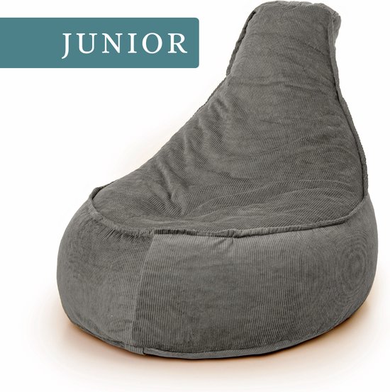 Grijze 'Junior' zitzak op een witte achtergrond.