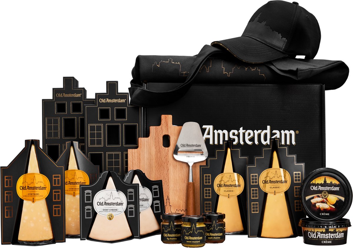 Old Amsterdam Fan Box – Luxe Kaaspakket met 5 Kazen, Kaasplank & Chutneys – Cadeaupakket Eten en Drinken