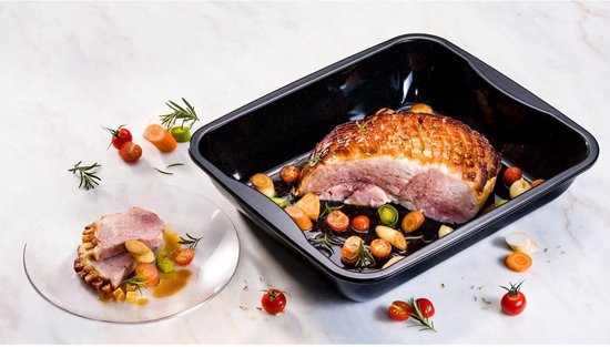 Dr. Oetker grote braadpan en keramiek ovenschaal met superieure anti- aanbaklaag en emaille-coating, rechthoekige bakvorm uit staal met een hoge rand voor braden en lasagne (Kleur: zwart), Aantal: 1
