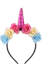 KIMU Bloemen Eenhoorn Haarband Roze - Unicorn Diadeem Pink Hoorn Haar Lolita - Bloemetjes Festival