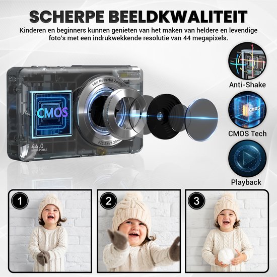 Zwarte compactcamera met transparante doorsnede die de CMOS-sensor toont. Drie foto's van een lachend meisje in winterkleding.