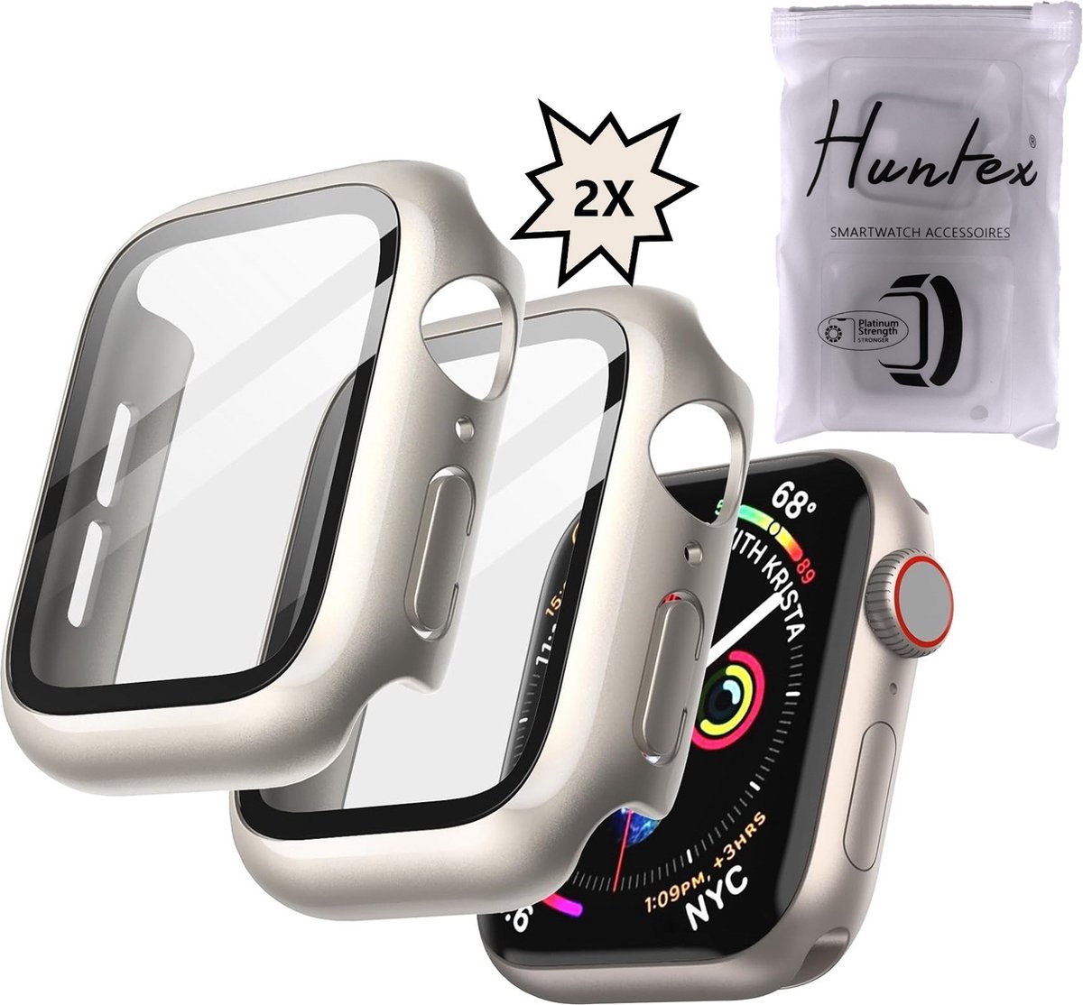 Huntex Screenprotector Geschikt Voor Apple Watch 7 / 8 en 9 45mm - 2 Stuks - Silver / Starlight