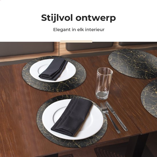 Castagnola Napperons aspect cuir - Napperons ronds - Set de table antidérapant en simili cuir - Sous-couche hydrofuge - Dessous de verre - 6 pièces - Diamètre 38 cm - Zwart/ Or