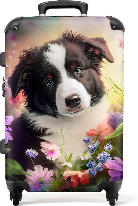 NoBoringSuitcases.com - Koffer - Puppy - Bloemen - Hond - Natuur - Vrouwen - Medium koffer - Reiskoffer man - Koffer volwassenen - 20 kg bagage - Hardcase koffer - 66 cm - Trolley vrouw - 72 liter - Lichtgewicht - TSA slot
