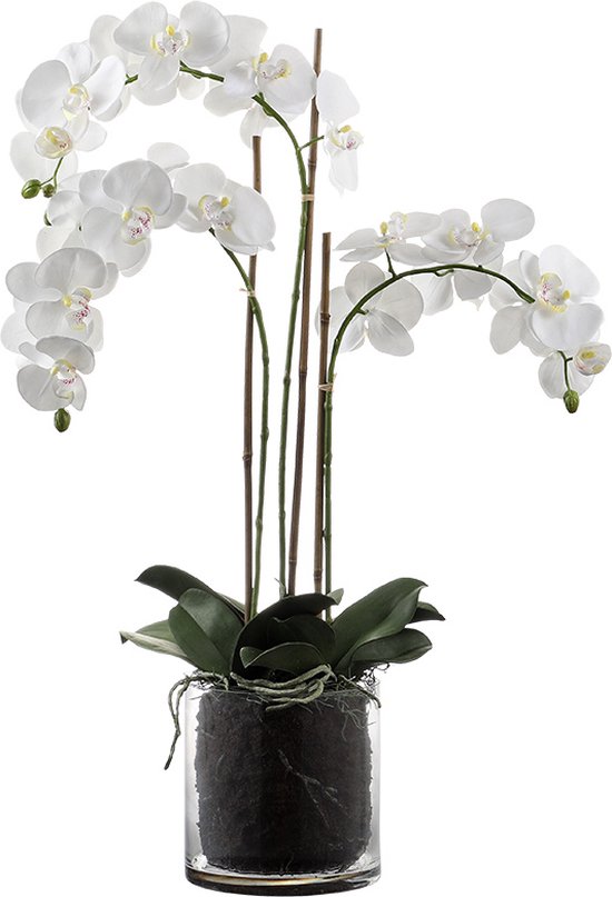 Kunstmatig orchideeën arrangement met transparante witte vaas H90