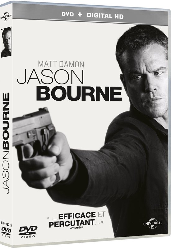 Jason Bourne dvd hoes met Matt Damon die een pistool vasthoudt.