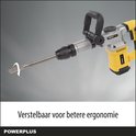Detail van de grijze en gele breekhamer met verstelbare handgreep. Tekst: Verstelbaar voor betere ergonomie.