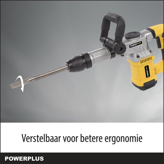 Detail van de grijze en gele breekhamer met verstelbare handgreep. Tekst: Verstelbaar voor betere ergonomie.
