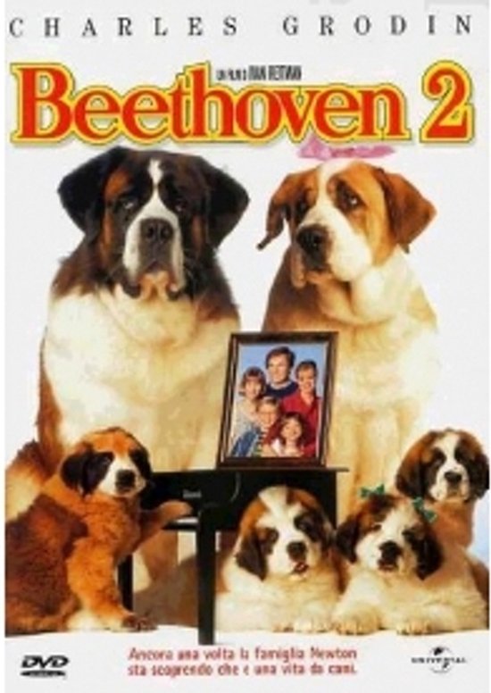 Twee grote Sint-Bernardshonden, "Beethoven" en "Missi", met hun vijf puppy's, op de filmposter van Beethoven 2.
