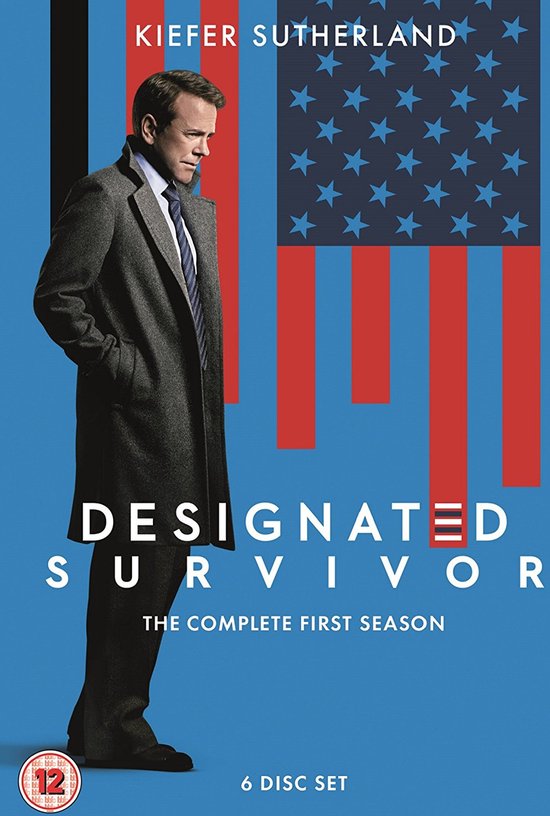 Kiefer Sutherland, de "Designated Survivor", staat voor een rode en blauwe Amerikaanse vlag. Complete eerste seizoen, 6 disc set.