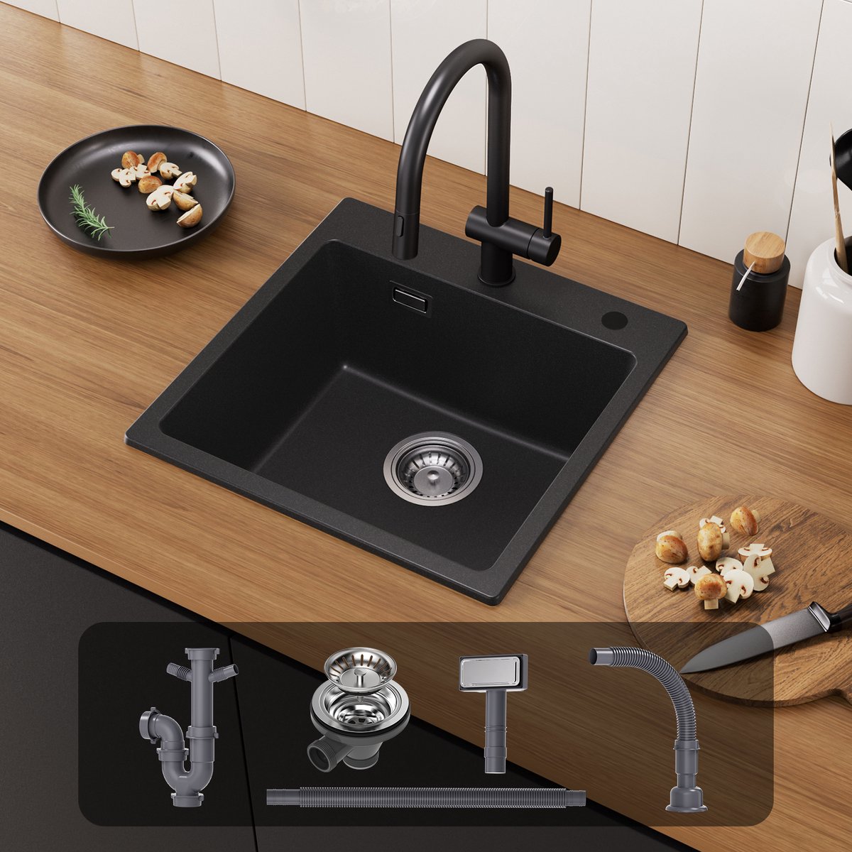 CECIPA max 45x45cm Spoelbak Met Kraangat - Granieten Gootsteen - Spoelbak Keuken - Enkele Spoelbakken - Spoelbakken met afdruip - 80% kwartszand en 20% hars - Antraciet