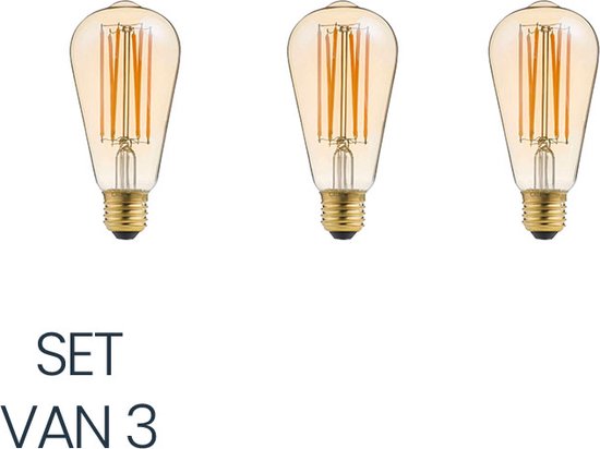 Set van 3 Filament Edison E27 Led Lamp - 8W - DimtoWarm - Amber - 2400K - Flame - Kooldraad