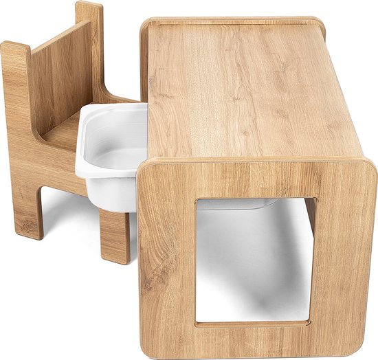 Industrial living kindertafel met witte lade - Kinderbureau met stoel - Speeltafel - Activiteitentafel - Tekentafel - Walnoot - Hout