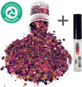 Biologisch Afbreekbaar Chunky Glitters (Paars/Zwart) + Glitter Huid Lijm 4ML [Volume 8g - Biodegradable Festival Jewels Glitter Outfit Lichaam en Gezicht - Make-up Face Body - Kinderen Volwassenen Dames - Eco Friendly]